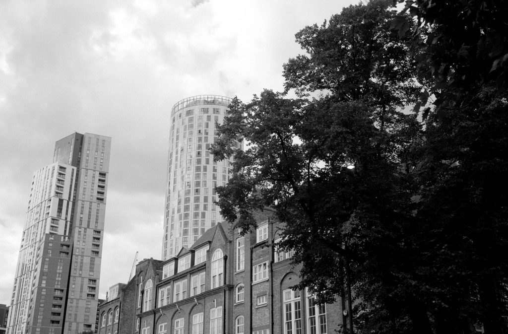 Fuji Acros II 35mm Contax G2 Vauxhall Buildings and tree