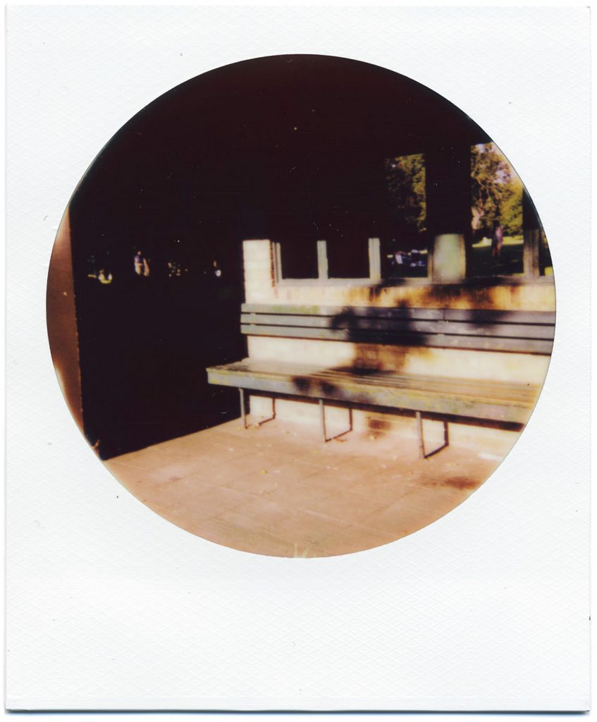 Bench in sunlight on Polaroid 600 instant film.