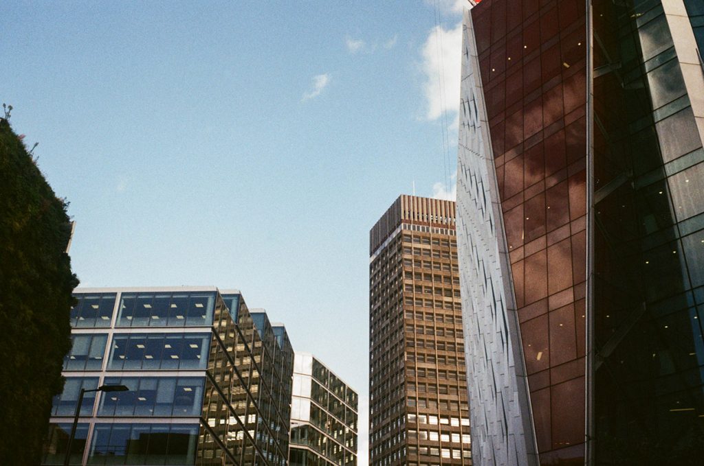 Buildings against blue sky. 