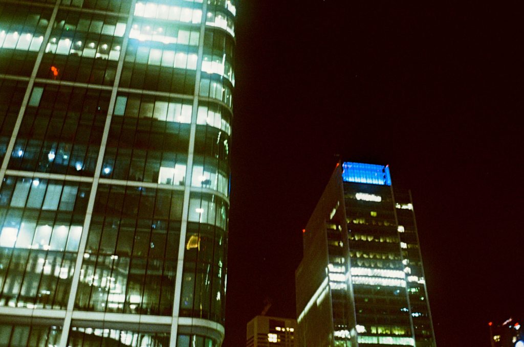Kodak Ultramax 35mm film rated at 1600 Canary Wharf Buildings at night 31