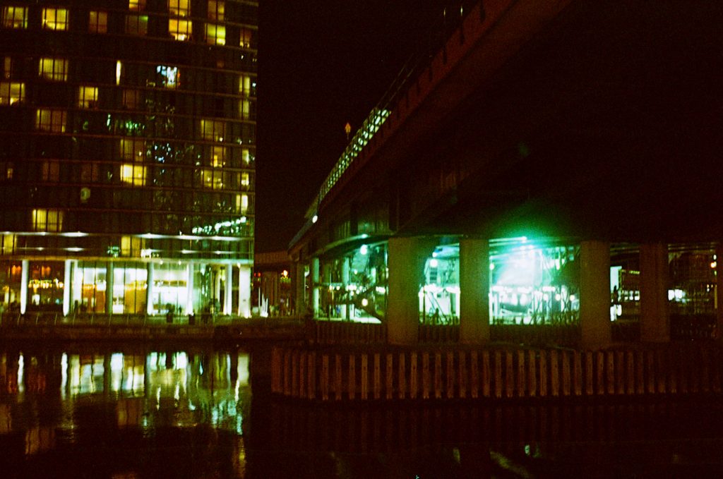 Canary Wharf at night. Pushed 35mm film