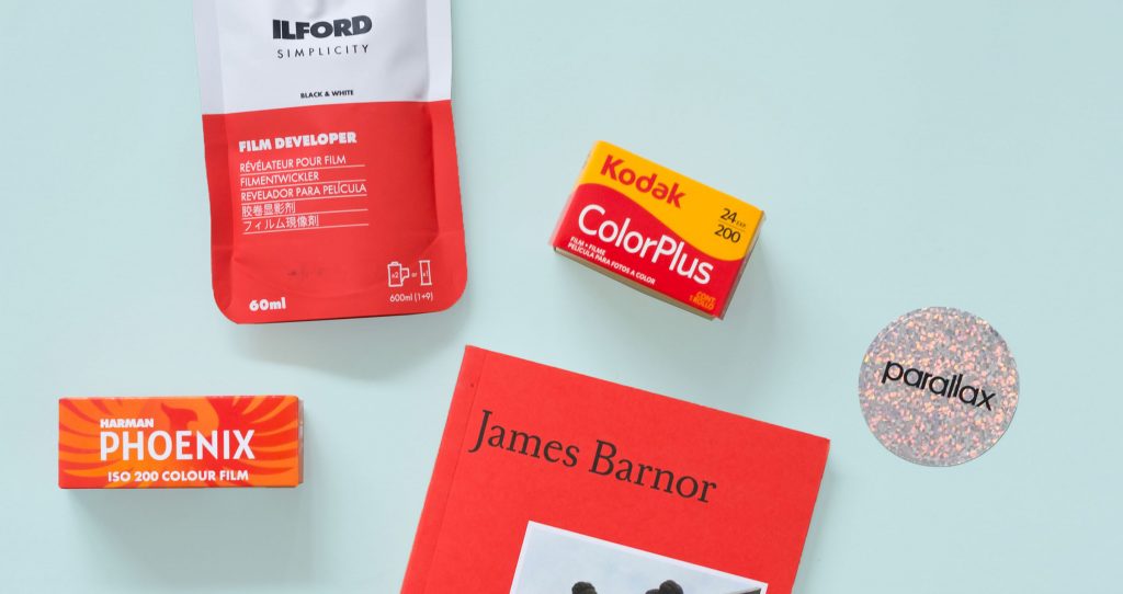 Analogue Photography Gift Guide 2024 - Film Developer Kodak 35mm Film and a James Barnor book on a light green background