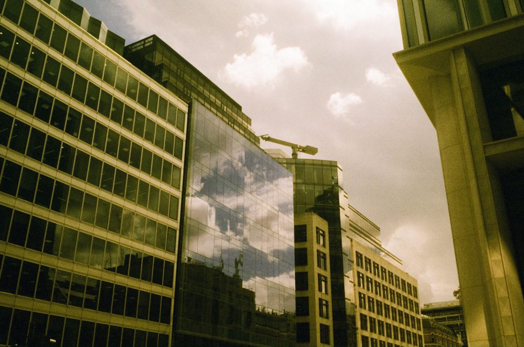 City of London buildings with clouds reflected. Harman Phoenix II film