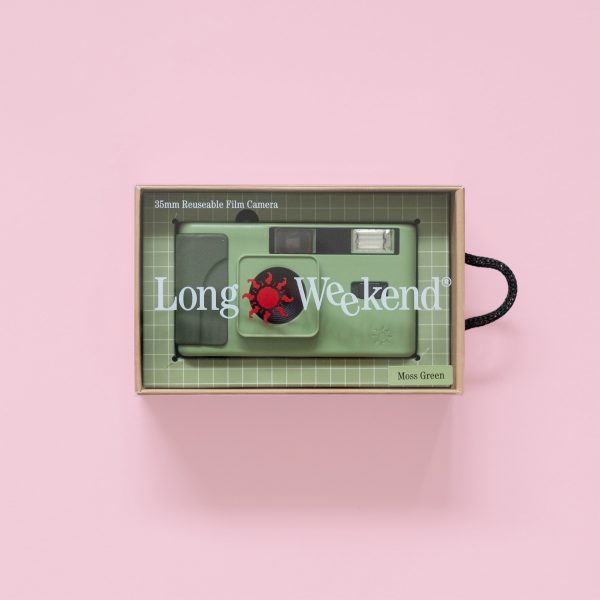 Long Weekend 35mm Film Camera Moss in a clear box on a pink background