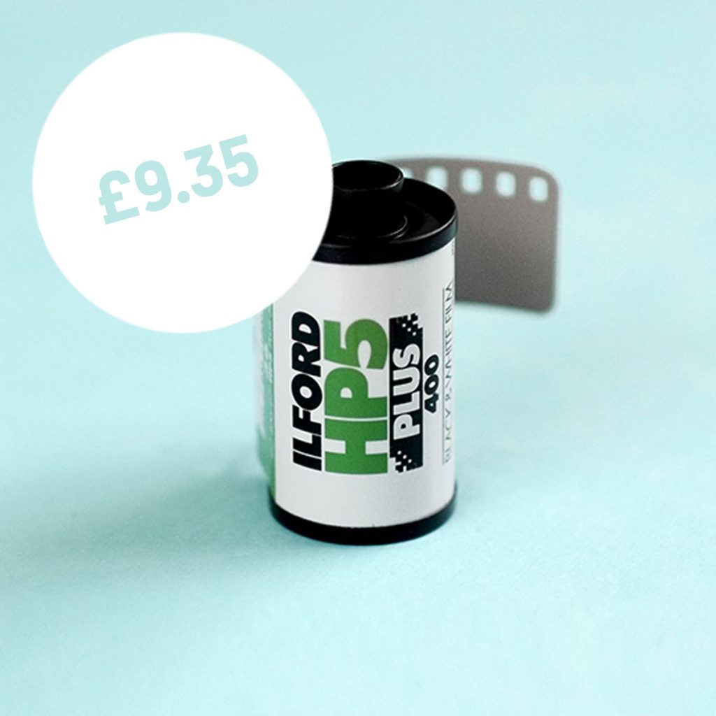 Shop Ilford HP5 400 35mm Film on a teal background with a circle with the price £9.35