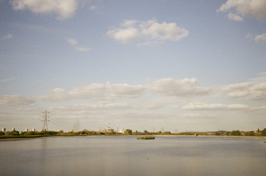 Blue sky and water in resevoire at Walthamstow Wetlands