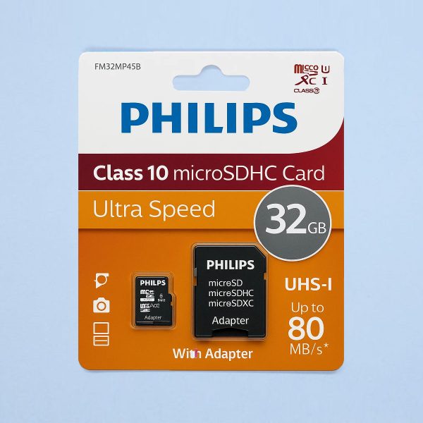 Philips Micro SDHC Memory Card 32GB in packaging on a blue background