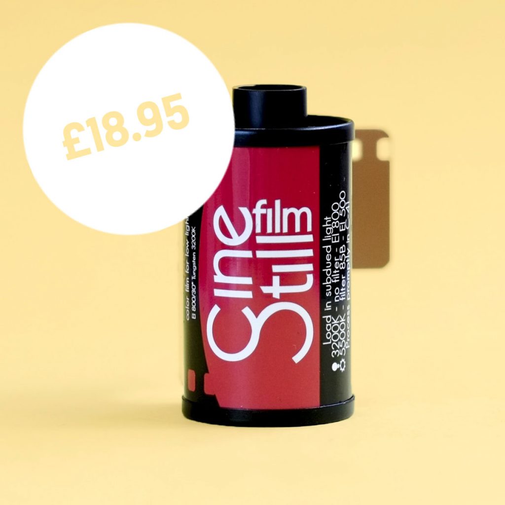 Buy Cinestill 800T 35mm Film for £18.95 on a yellow background