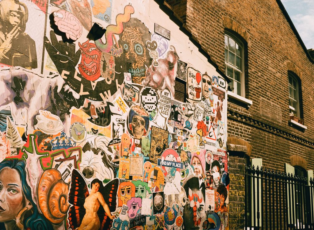 Graffiti mural, Brick Lane, East London. Medium format film